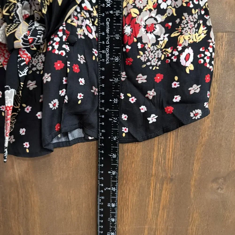 Free People Womens Blouse Black Floral Henley 'Run Free' Long Puff Sleeve Medium